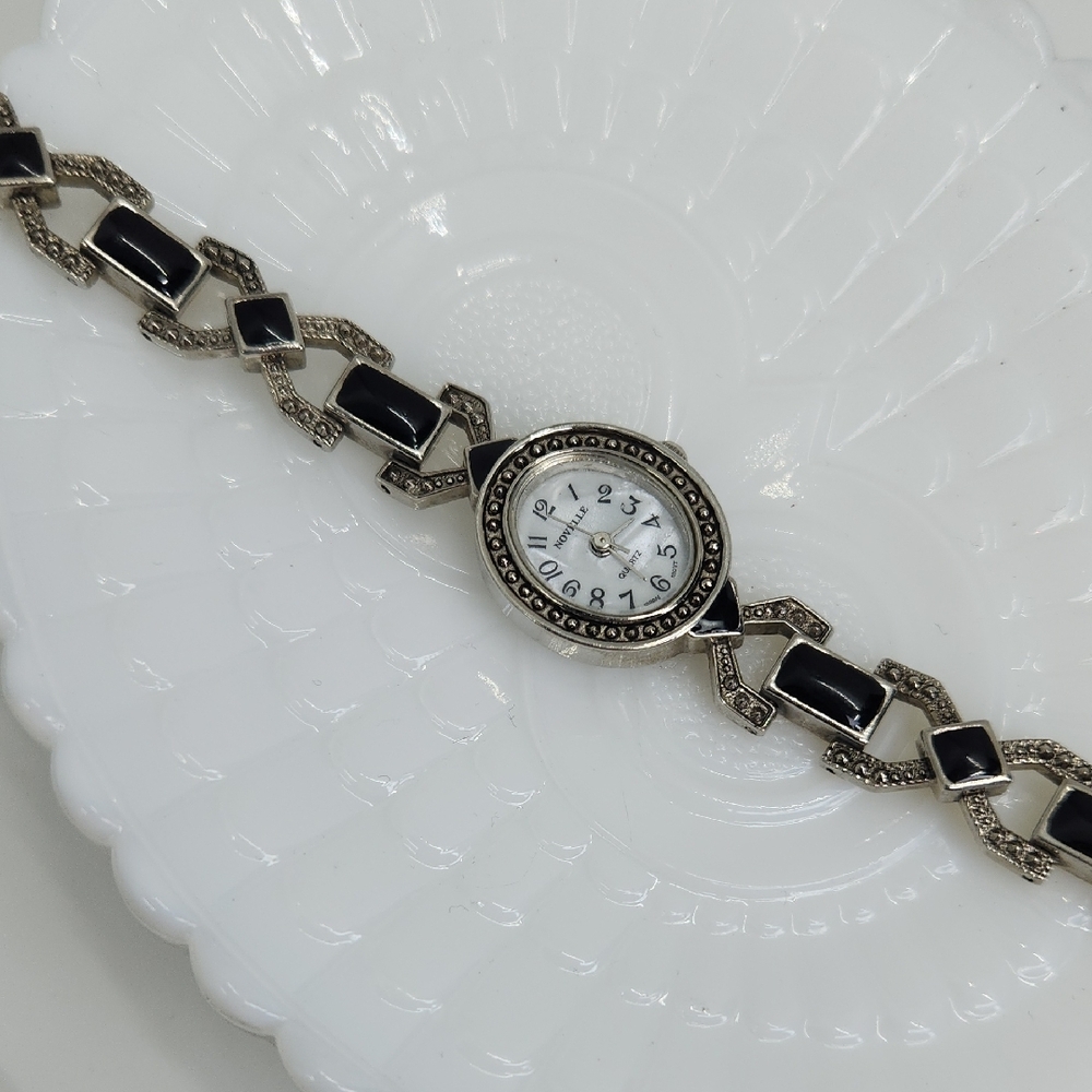 Art Deco Marcasite Black and Silver Tone Watch